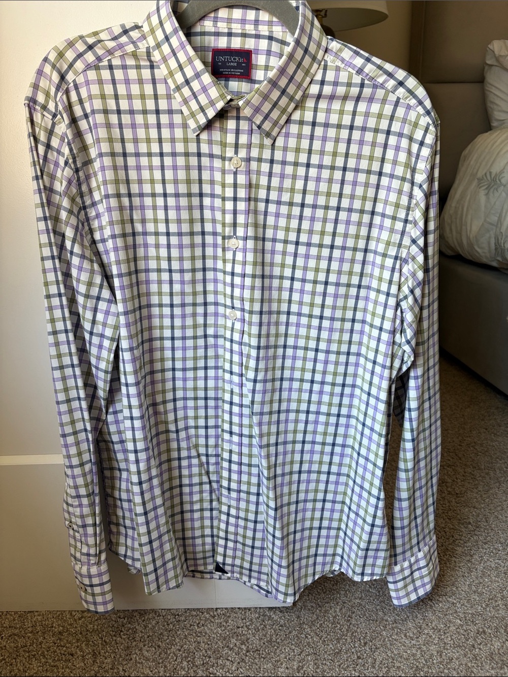 UNTUCKit Men’s White Button-Down Shirt with Purple & Green Plaid